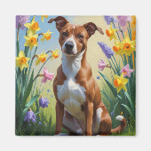 バセンジー犬と春の花の絵 マグネット (正面)