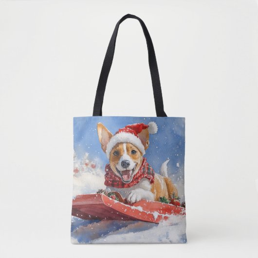 バセンジー犬のそり旅行 雪だるまクリスマス トートバッグ (正面)