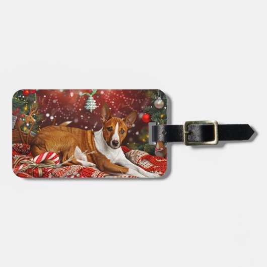 バセンジー犬のクリスマス ラゲッジタグ (正面横)