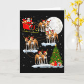 バセンジー犬のサンタのスレイフライング面白い魔法のクリスマス カード (黄色い花)