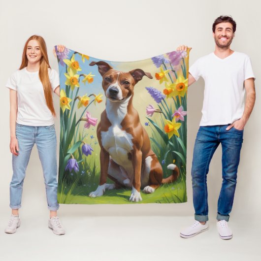 バセンジー犬の春の花の絵画 フリースブランケット (インサイチュ)
