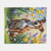 バセンジー犬の春の花の絵画 フリースブランケット (正面(横))