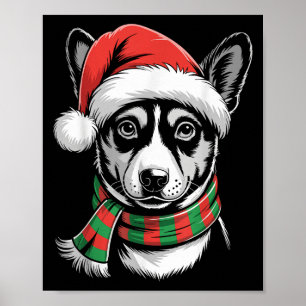 バセンジー犬 クリスマス サンタ 帽子 マフラー コスチューム ポスター