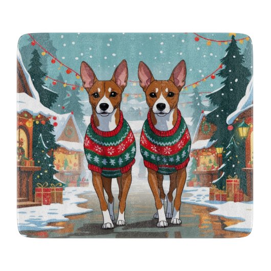 バセンジー犬 クリスマス スノー ホリデー カッティングボード (正面)