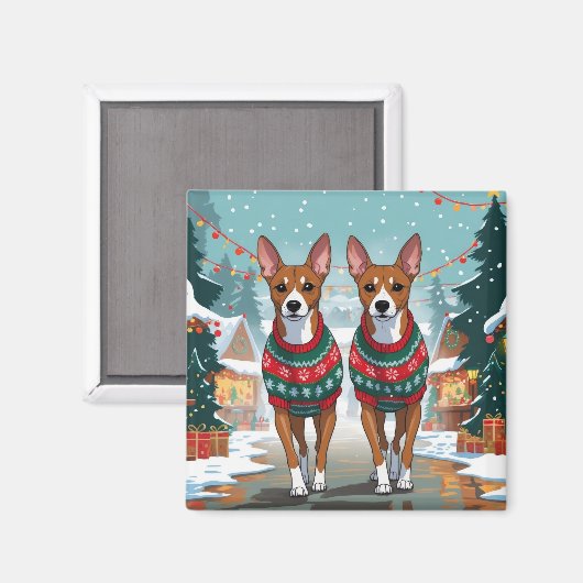 バセンジー犬 クリスマス 雪 冬のイベント マグネット (正面/裏面)