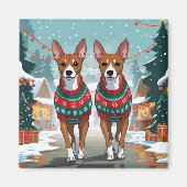 バセンジー犬 クリスマス 雪 冬のイベント マグネット (正面)