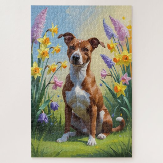 バセンジー犬 春の花の絵画 ジグソーパズル (縦)