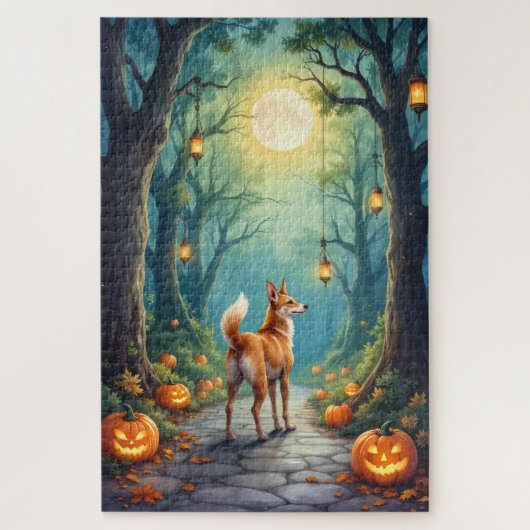 バセンジー魔法の森のハロウィンアート ジグソーパズル (縦)