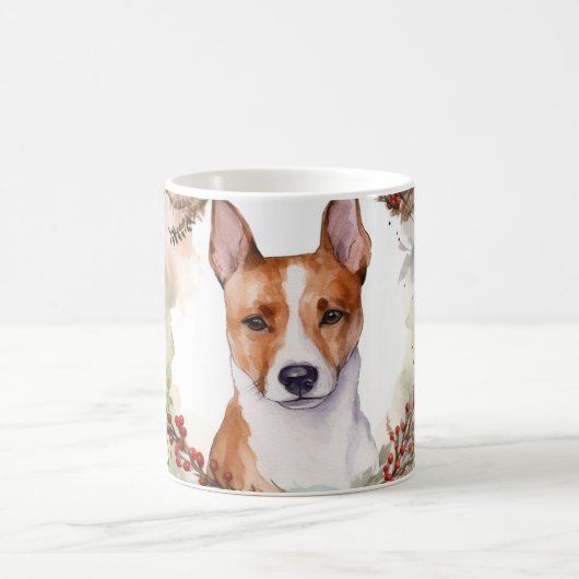 バセンジー クリスマスリース 陽気な犬 コーヒーマグカップ (中央)