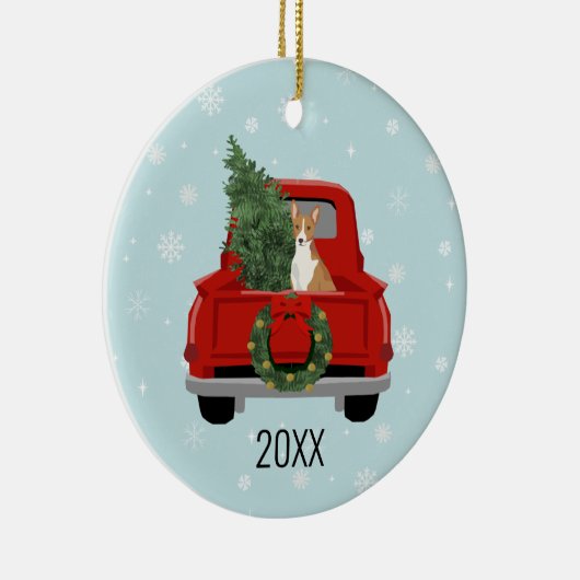 バセンジ犬の赤トラックのクリスマス セラミックオーナメント (右)