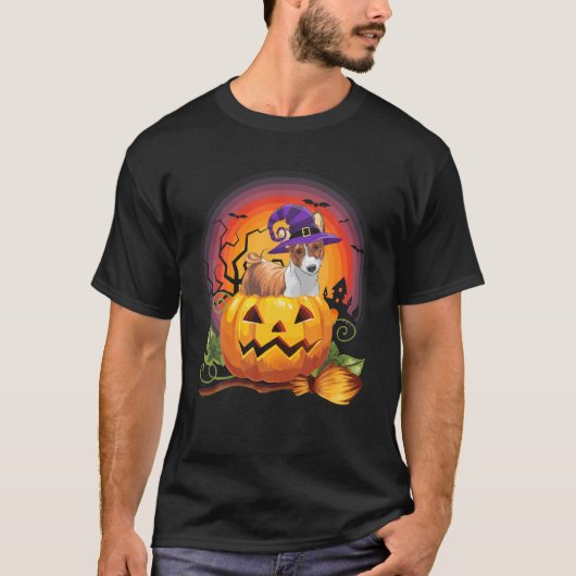 バセンジ魔女かぼちゃハロウィーン犬の恋人の衣装 Tシャツ (正面)