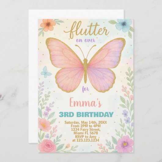 バタフお洒落ィー誕生日招待状 招待状 (正面/裏面)