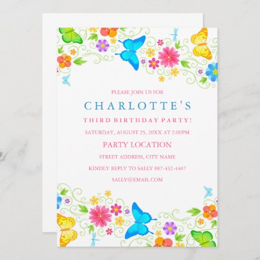 バタフかわいらしィー誕生日招待状 招待状 (正面/裏面)