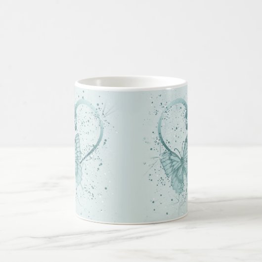 バタフかわいらしライ、ハート、絵を描（ばちゃばちゃ）跳ねるのティール（緑がかった色） コーヒーマグカップ (中央)