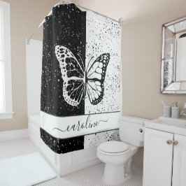 バタフかわいらしロエレガントグブラック&ホワイト名前をカスタムする シャワーカーテン