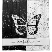 バタフかわいらしロエレガントグブラック&ホワイト名前をカスタムする シャワーカーテン (正面)