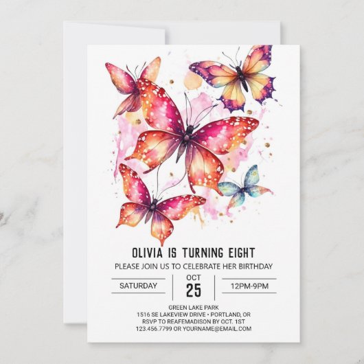 バタフエレガントロガーリーガール誕生日 招待状 (正面)