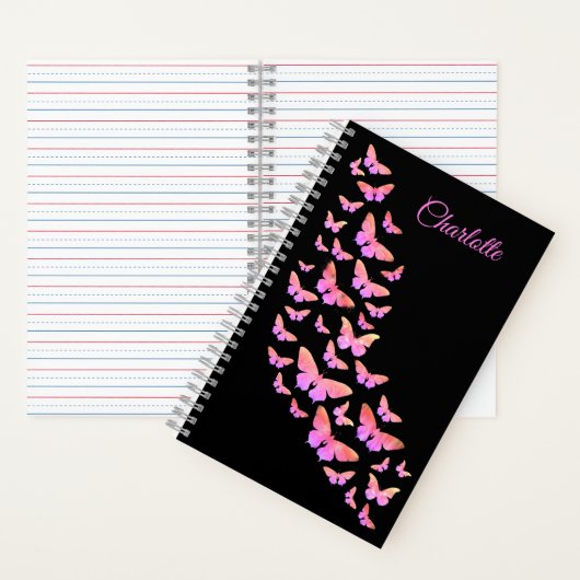 バタフスタイリッシュィーパターン名を追加ピンクと黒 ノートブック (内側)