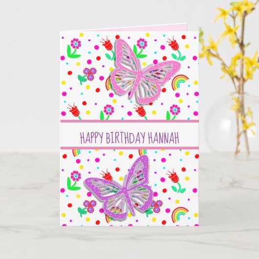 バタフパーソナライズされたィーガールハッピーバースデー カード (黄色い花)
