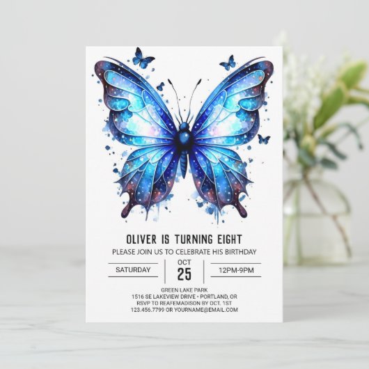 バタフモダンロお洒落ボーイ誕生日 招待状 (スタンド正面)