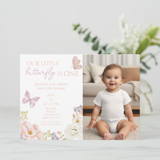 バタフライお洒落ガーデン最初の誕生日写真 招待状 (スタンド正面)