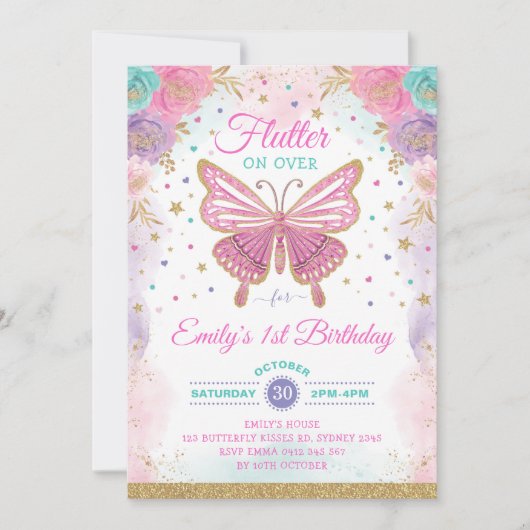 バタフライかわいらしフェアリーガーデンフローラガール誕生日 招待状 (正面)