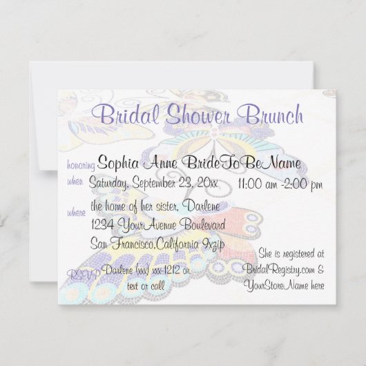 バタフライかわいらしブライダルシャワーブルンチ 招待状 (正面)