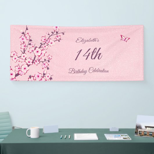 バタフライさくらんぼフラスピンクグリッター誕生日 横断幕 (トレードショー)
