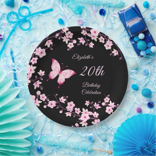 バタフライさくらんぼ花ピンク黒カスタマイズ ペーパープレート (パーティー)