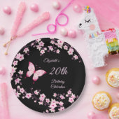 バタフライさくらんぼ花ピンク黒カスタマイズ ペーパープレート (パーティー)