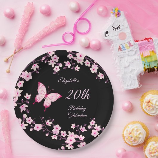 バタフライさくらんぼ花ピンク黒カスタマイズ  ペーパープレート (パーティー)