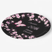 バタフライさくらんぼ花ピンク黒カスタマイズ ペーパープレート (アングル)