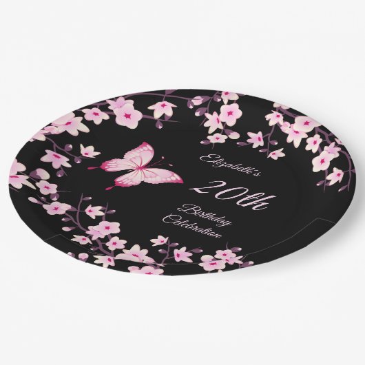 バタフライさくらんぼ花ピンク黒カスタマイズ ペーパープレート (アングル)