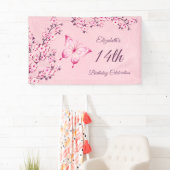 バタフライさくらんぼ花咲きピンクグリッターバナー 横断幕 (インサイチュ)