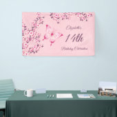 バタフライさくらんぼ花咲きピンクグリッターバナー 横断幕 (トレードショー)