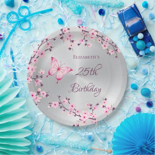 バタフライさくらんぼ花咲きピンクシルバー紙プレート ペーパープレート (パーティー)