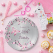 バタフライさくらんぼ花咲きピンクシルバー紙プレート ペーパープレート (パーティー)