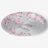 バタフライさくらんぼ花咲きピンクシルバー紙プレート ペーパープレート (アングル)