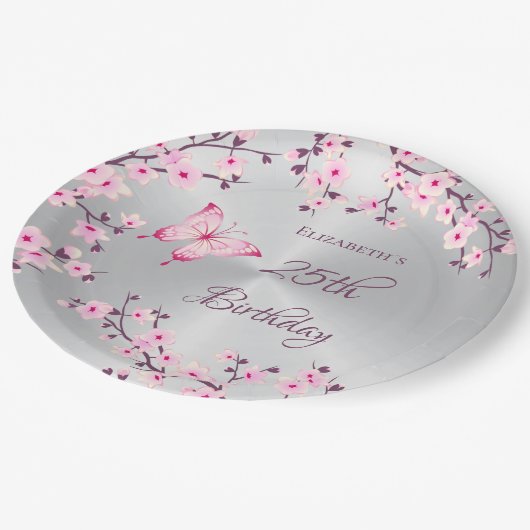 バタフライさくらんぼ花咲きピンクシルバー紙プレート ペーパープレート (アングル)