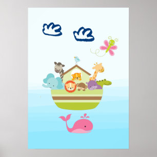バタフライとクジラのいるかわいい動物の箱舟 ポスター