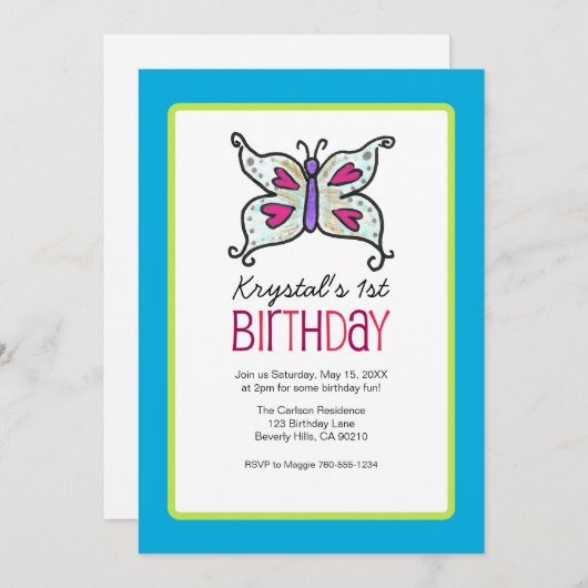 バタフライとハートの誕生日パーティーの招待 招待状 (正面/裏面)