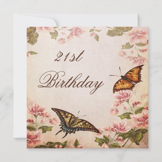 バタフライとビンテージの梅の花 21歳の誕生日 招待状 (正面)