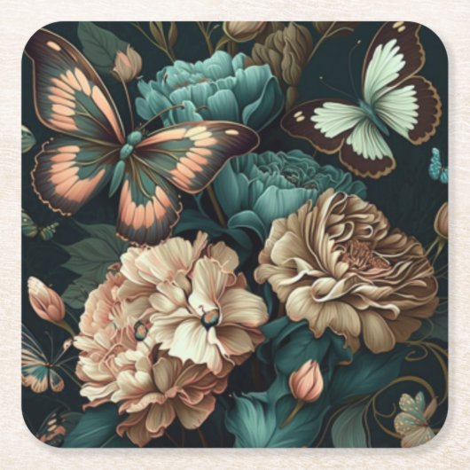 バタフライとフラワーのダーククラシックデザイン スクエアペーパーコースター (正面)