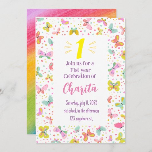 バタフライの最初の誕生日の招待 招待状 (正面/裏面)
