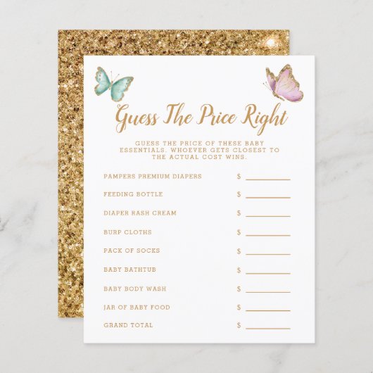 バタフライは価格を推測する右ベビーシャワーゲーム (正面/裏面)