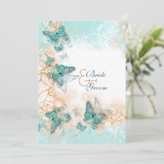 バタフライをテーマにしたウェディング　アクアゴールド 招待状 (スタンド正面)