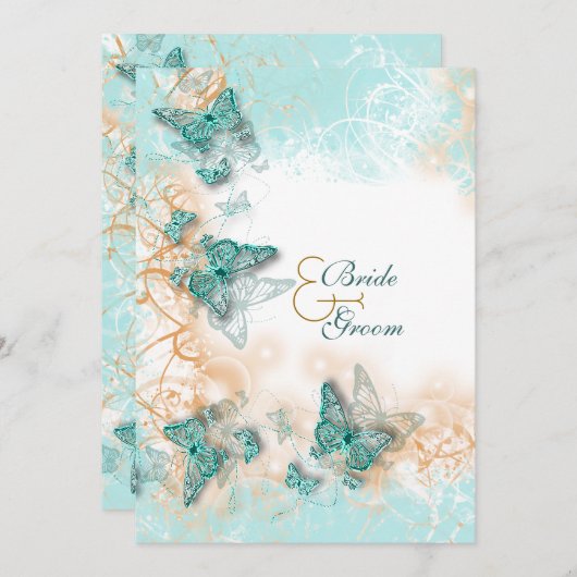 バタフライをテーマにしたウェディング アクアゴールド 招待状 (正面/裏面)