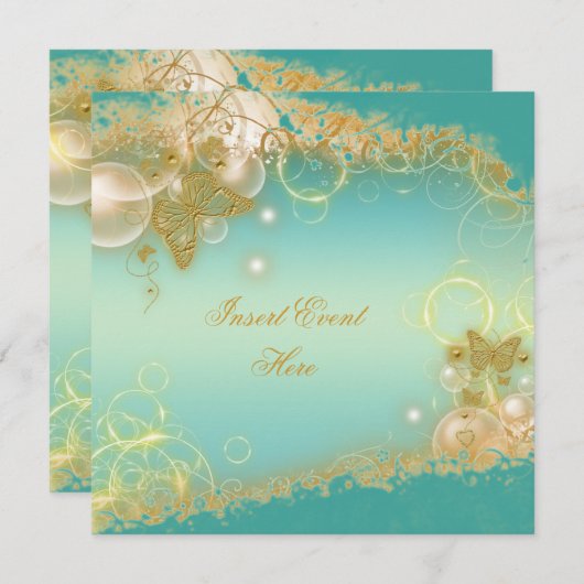バタフライをテーマにしたゴールドとターコイズのエレガントなデザイン 招待状 (正面/裏面)