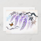 バタフライアジアンインク絵を描付き藤 シーズンポストカード (正面/裏面)