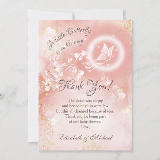 バタフライアプリコット水の色ベビーシャワーありがとう サンキューカード (正面)
